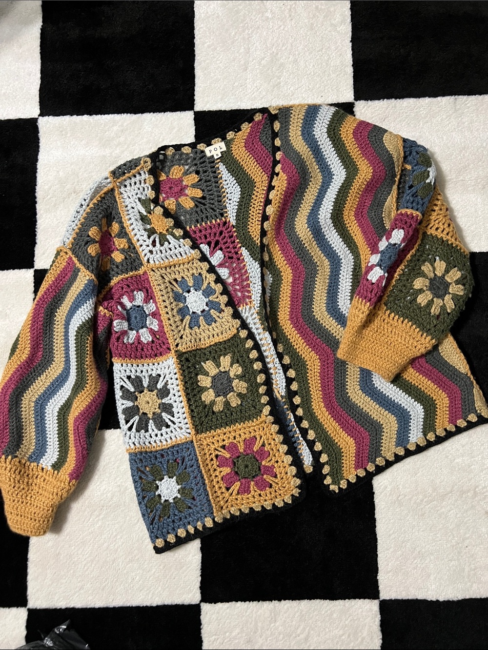 Multi-Color Crochet Patchwork Cardigan Sweater - Women